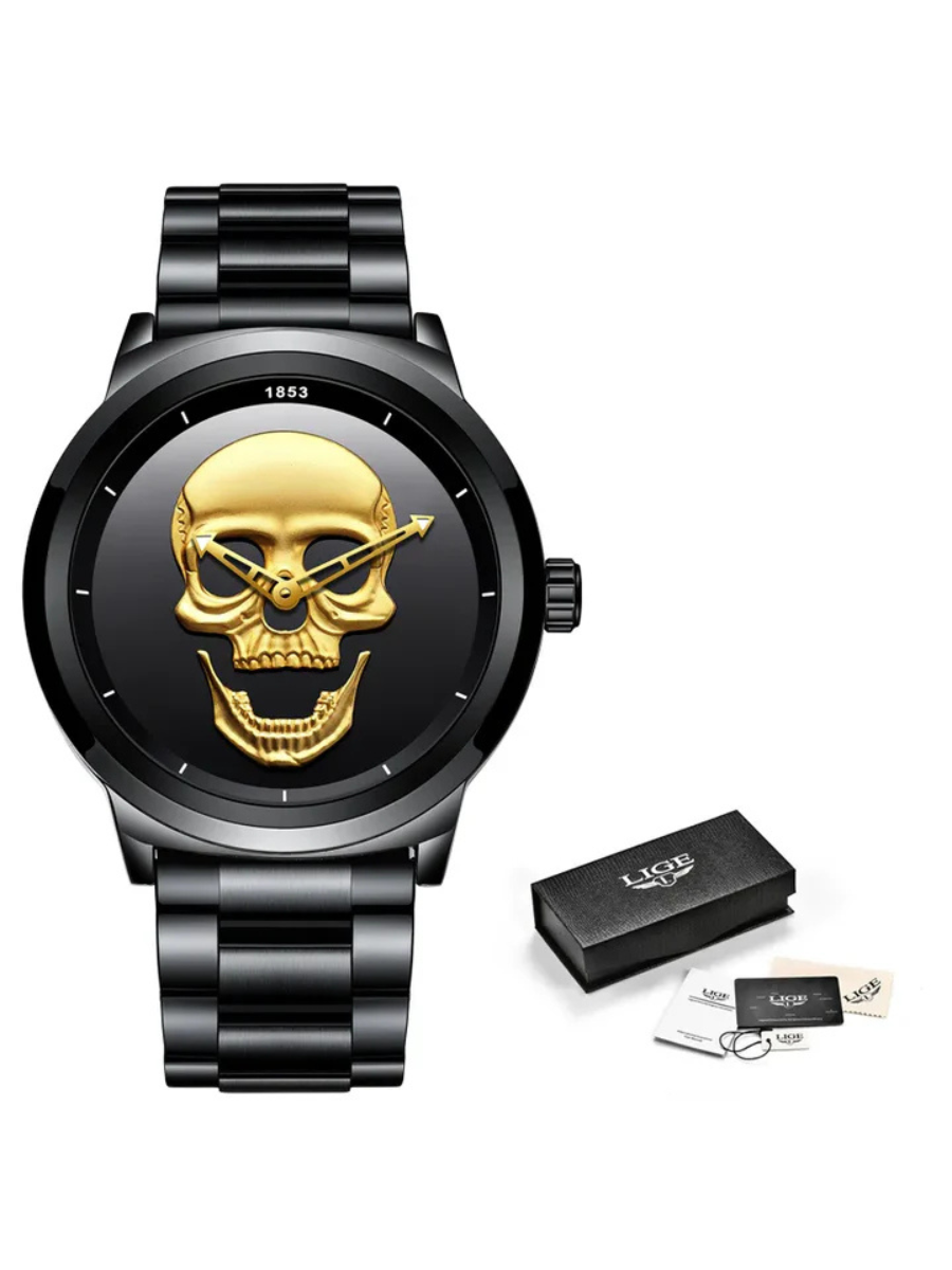 LIGE Skeleton Men's Watch – Top Brand Luxury 3D Skull Design, Full Steel, Waterproof Casual Timepiece