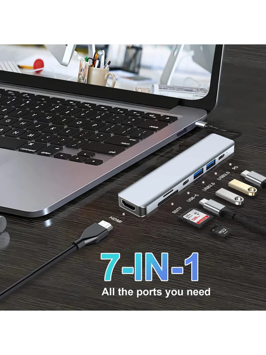 USB-C Hub 7-in-1 Multiport Adapter with 4K HDMI & Dual USB-A & SD/TF & PD Charging